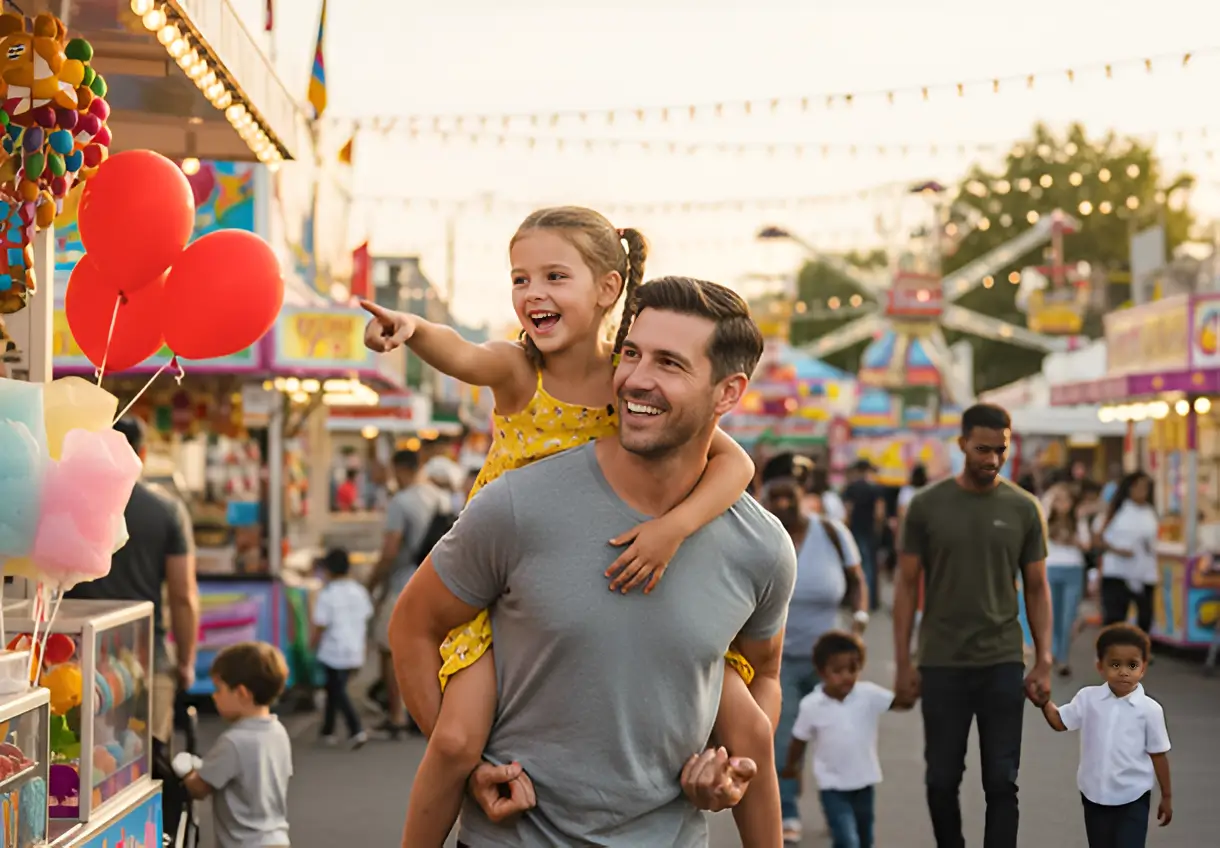 Father carrying child on shoulders while walking through a busy carnival.