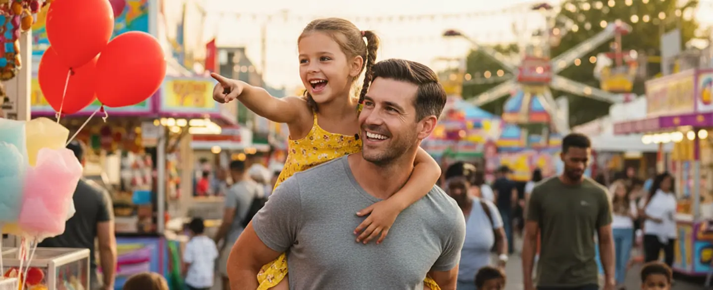 Father carrying his child on his shoulders while walking through a carnival.