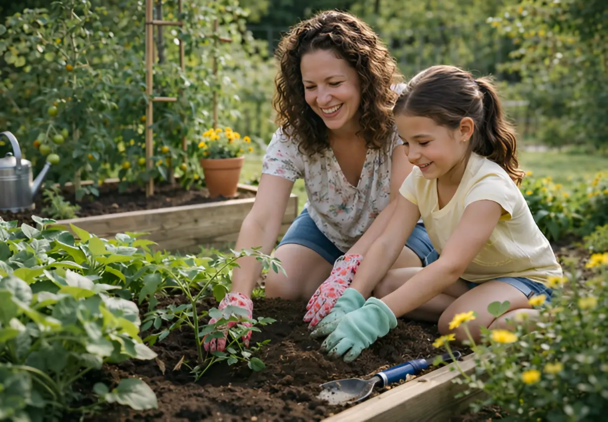 Mother and child planting seedlings together in a garden bed.