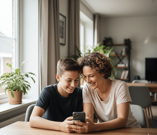 Mother and child sitting at a table, smiling while looking at a phone together