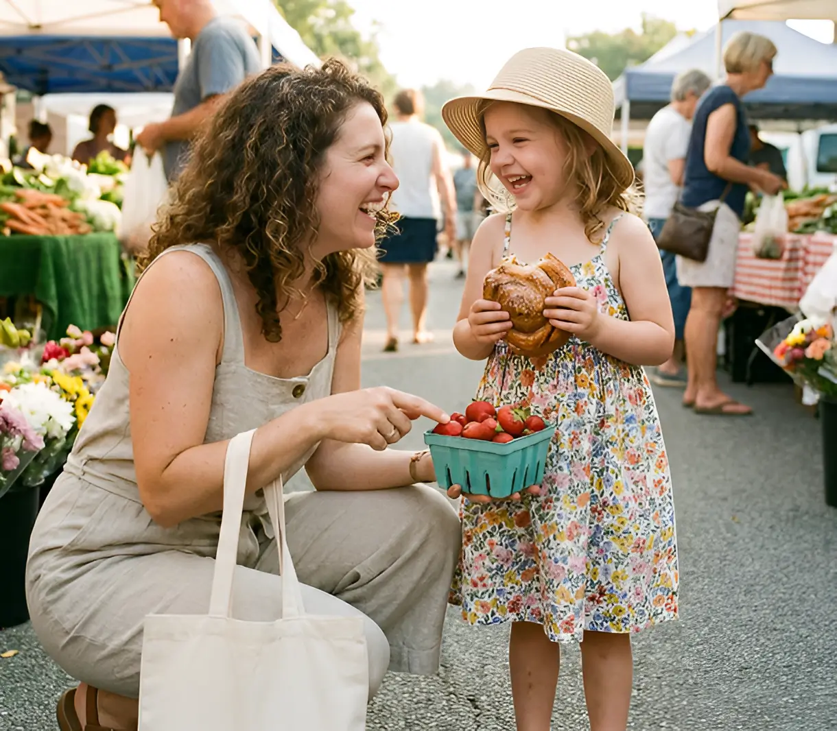 Mother and child smiling together at a farmers market while holding strawberries and bread.