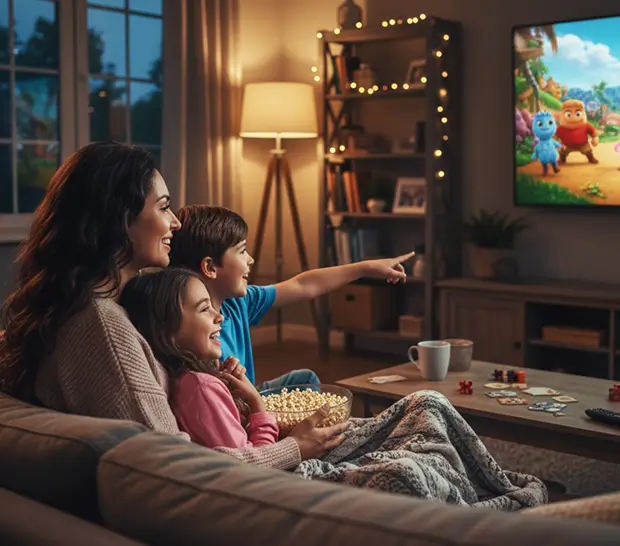 Mother and two children sitting together on a couch watching TV at home